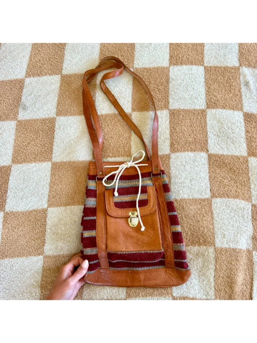 AMERICAN VINTAGE HANDMADE BOHO BAG SHOULDER PURSE RED BROWN - Picture 6 of 6